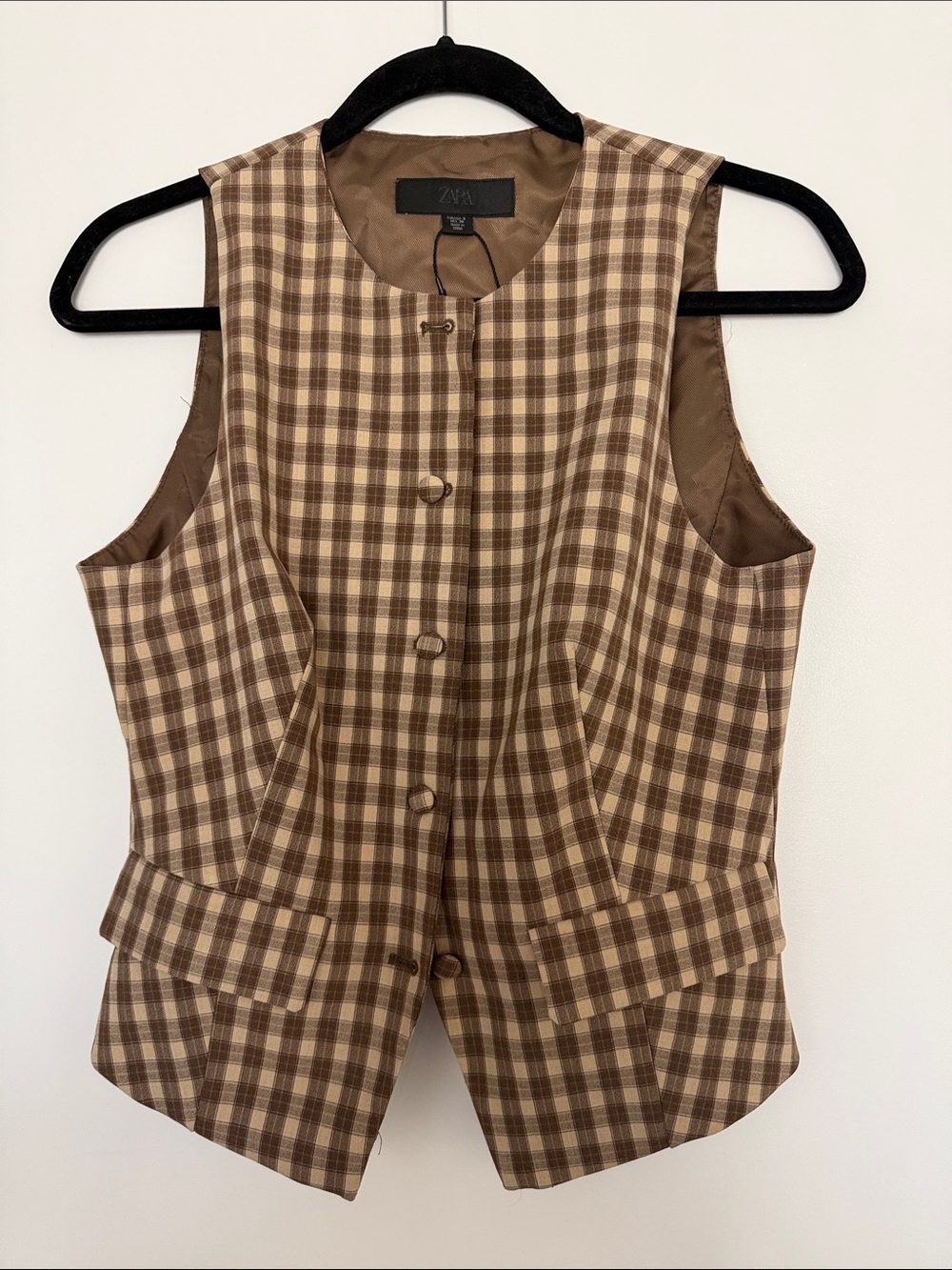 Zara Tan and Brown Plaid Buttoned Vest